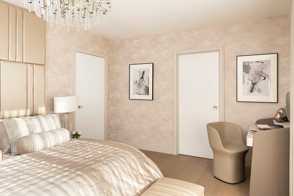 Wide view of a bedroom in an interior design project in Chigwell Grange